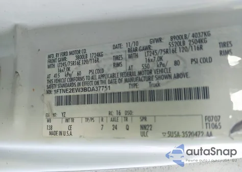 2011 Ford E-250 Commercial z USA, uszkodzony, nr VIN 1FTNE2EW3BDA37751